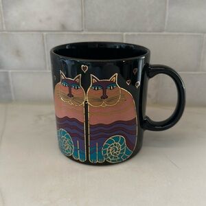 Vintage 1980s Large Laurel Burch Rainbow Cats Black Coffee Mug Made in Japan